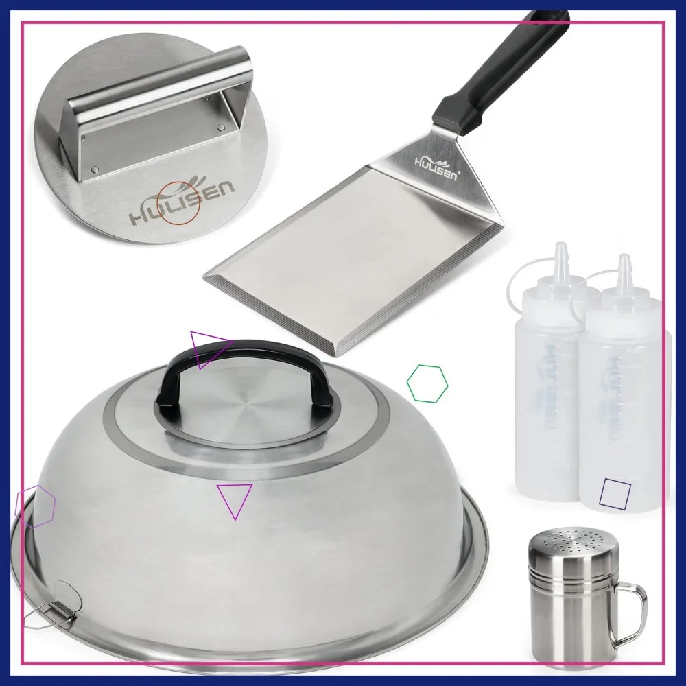 

Профессиональный комплект аксессуаров для гриля: пресс для гамбургеров, крышка для наметки, лопаточка, шейкер для специй и бутылки для выдавливания для идеального гриля