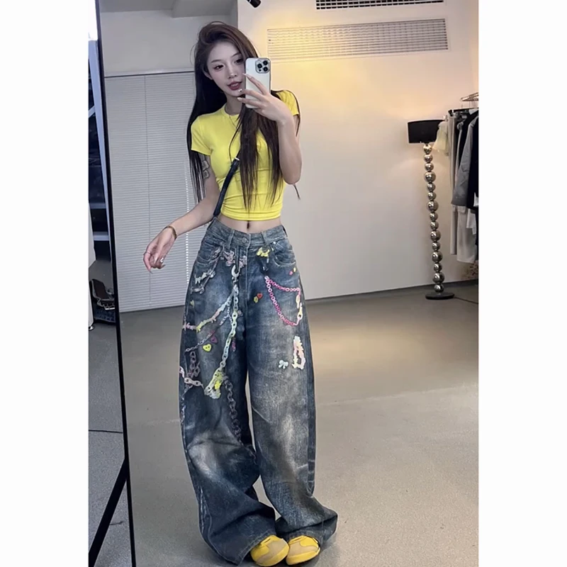 

American Style High Waist Straight Leg Denim Jeans Women's New 2025 Heavy Distressed Graffiti Loose Wide Leg Long Pants