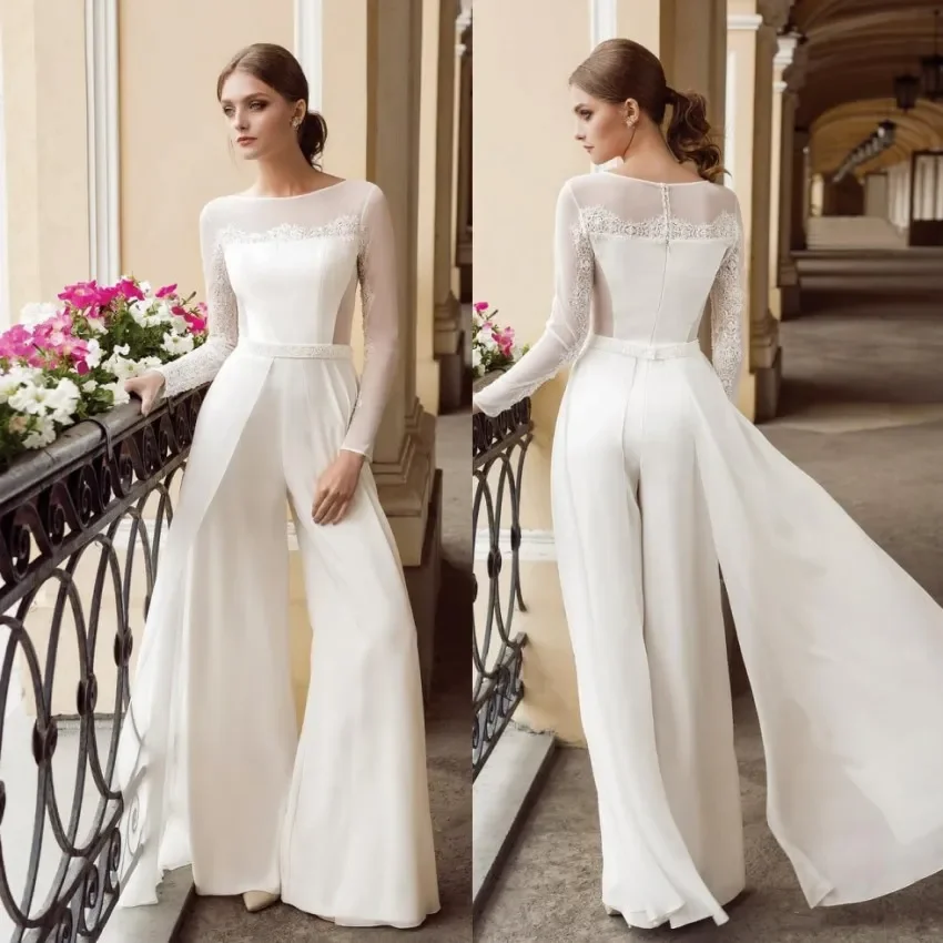 

Designer Bohemian Jumpsuit Lace Wedding Dresses Bateau Neck Long Sleeves Beach Bridal Gown Floor Length Chiffon vestido de novia