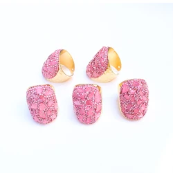 Irregular Rose Quartz Open Ring for Women Girls Gold-color Handmade Micro Inlay Pink Rhinestone Party Wedding Gifts Jewelry