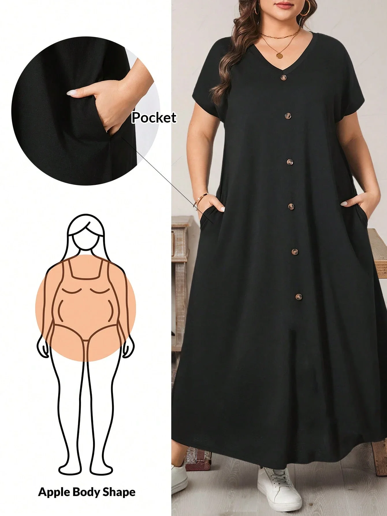 

Plus Size Women's Casual Loose V-Neck Button Front Pocket Long Dress For Spring Summer