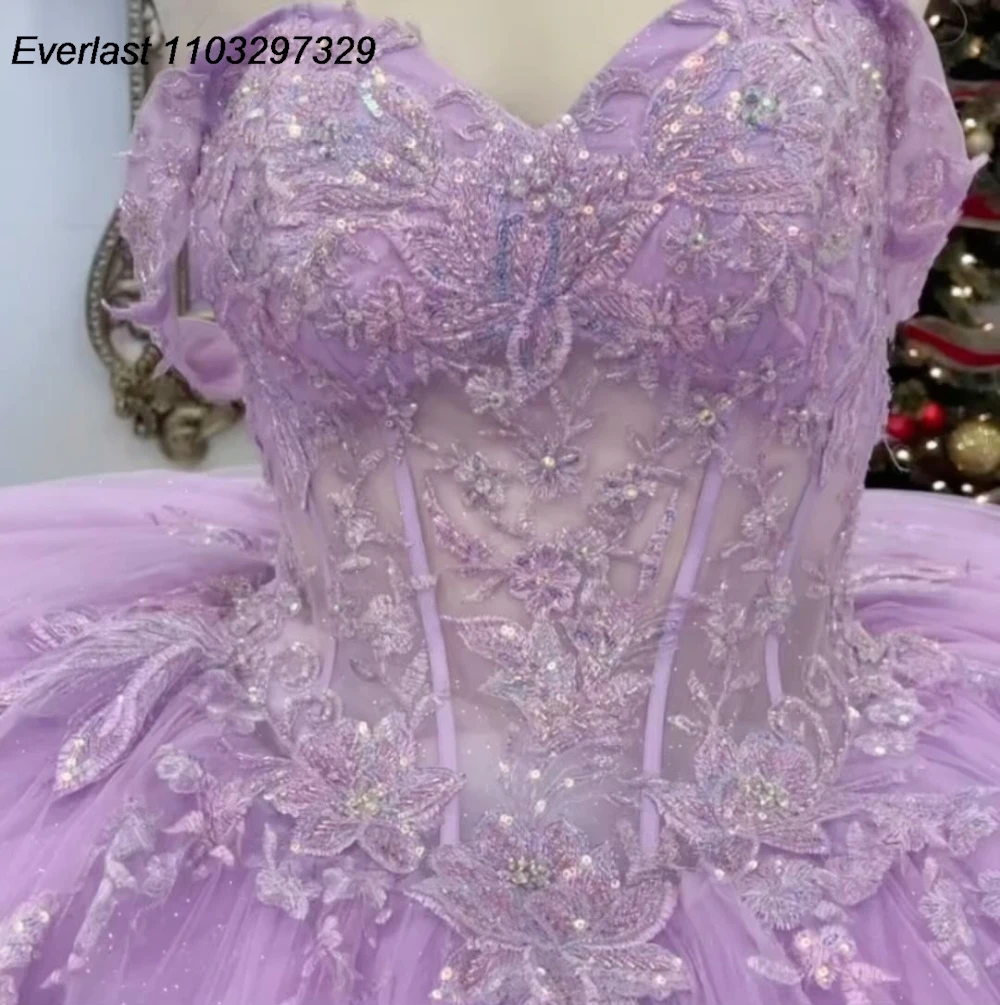 EVLAST Customized Lavender Quinceanera Dress Ball Gown Lace Applique Beading Mexico Corset Sweet 16 Vestido De 15 Anos QD1006