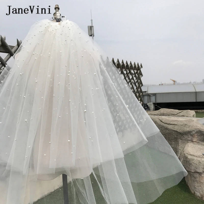 Janevini Twee Layer Sluier Met Metalen Kam Elegante Koreaanse Bruiloft Vail Zachte Tulle Korte Velo Parels Ivoor Vrouw Bridal Veils 2022