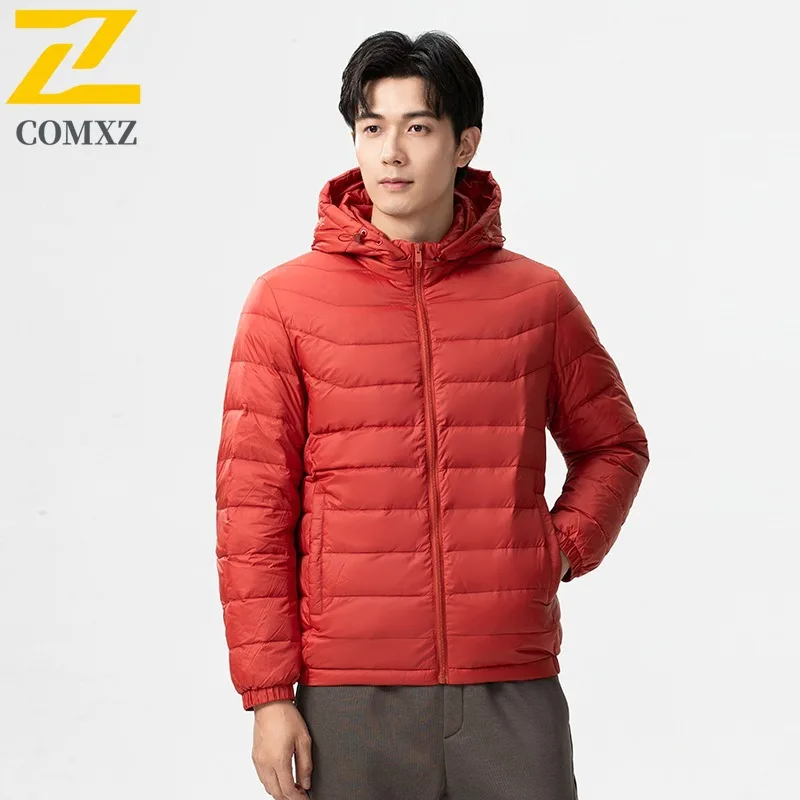 COMXZ Brand Luxury Men Down Coat Hooded Outdoor Working Super Light Parka Leisure Trekking Cozy Windproof Warmth Winter Jacket