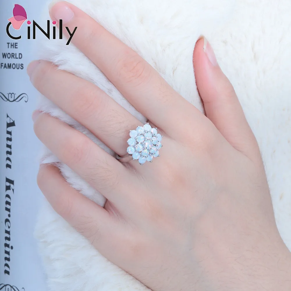 CiNily Luxury White Round Fire Opal Rings 925 Sterling Silver Flower Bloom Plant Big Ring Wedding Party Fashion Jewelry forWomen