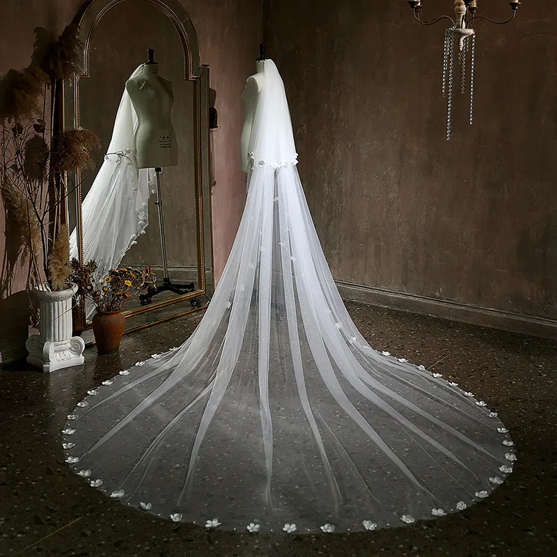 Elegant Cathedral Wedding Veils 3*3m Long Bridal Veils Soft Tulle with Handmade Flowers 2 Layers Wedding Veils