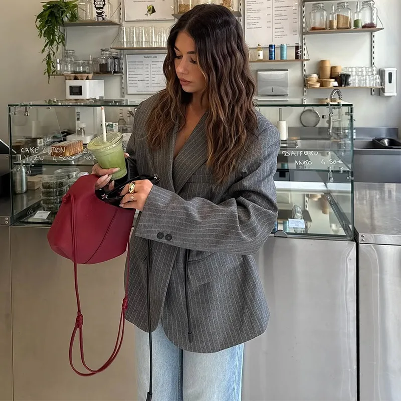 2025 Autunno nuovo temperamento gessato blazer ampio casual abito a maniche lunghe allentato