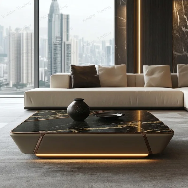 Modern creative pure copper luxury stone coffee table living room, modern, large flat floor luxury stone light luxury villa