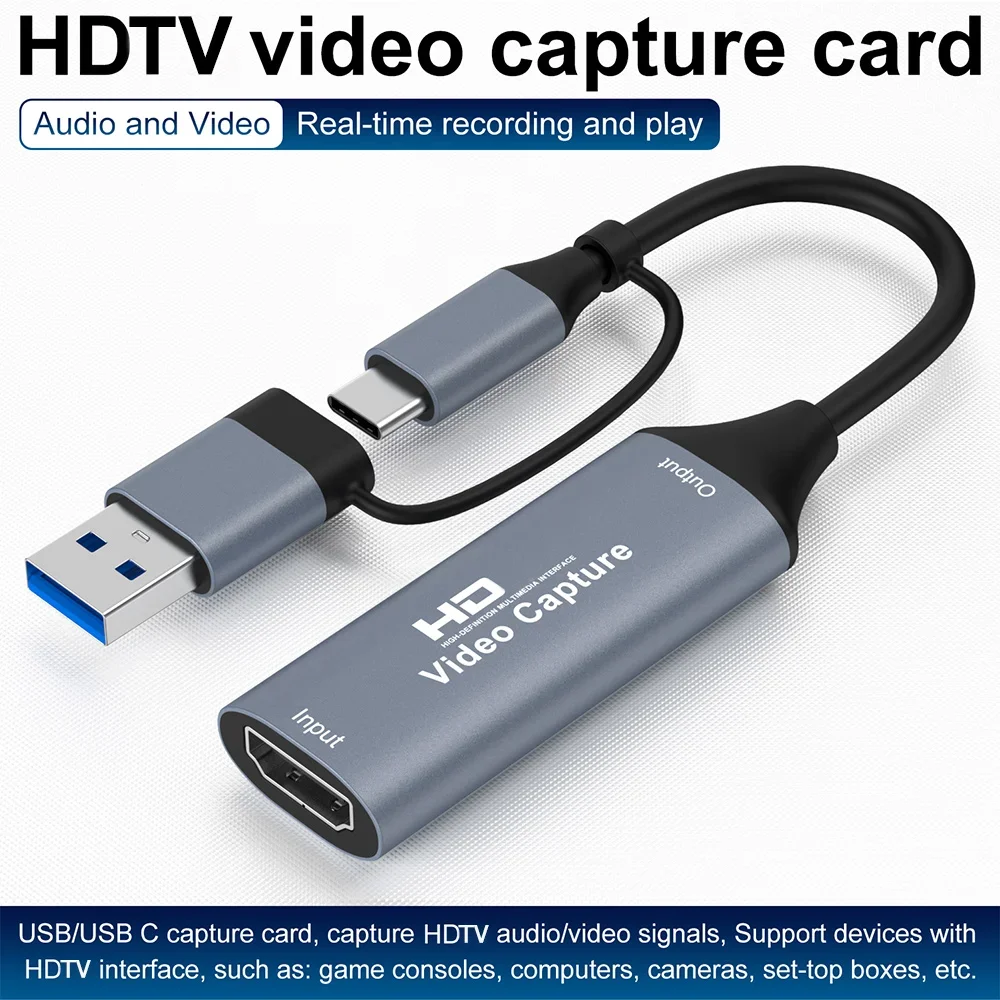 بطاقة التقاط الصوت والفيديو 1080P 4K HDMI-متوافقة مع USB-A/USB-C USB2.0 التقاط تسجيل الصوت والفيديو لمشغل OBS Studio PotPlayer QT