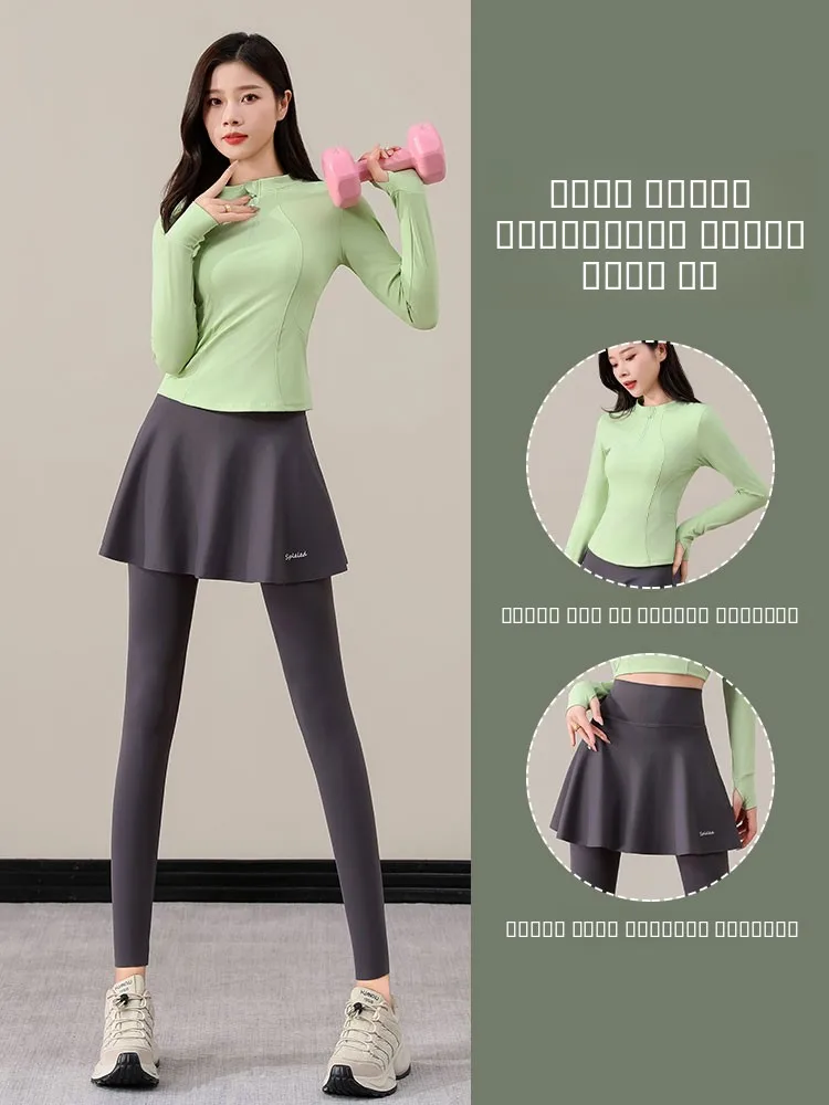 

Women's Outdoor Running Sport Set Long Sve Mountain Climbing Gym Fitn Skirt High Waist Nylon Spandex High Elastici