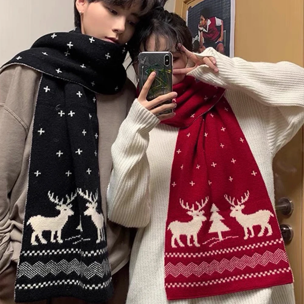 Christmas Red Elk Deer Scarves Cartoon Reindeer Snowflake Warm Scarf Man Woman Christmas Scarves for Women Sweet Girls 2024 Gift