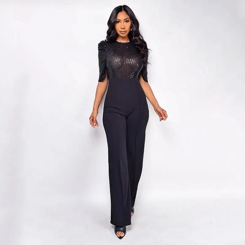 

Новые летние женские брюки с высокой талией и пайетками, модный широкий костюм, длинные брюки Ele Aosphere