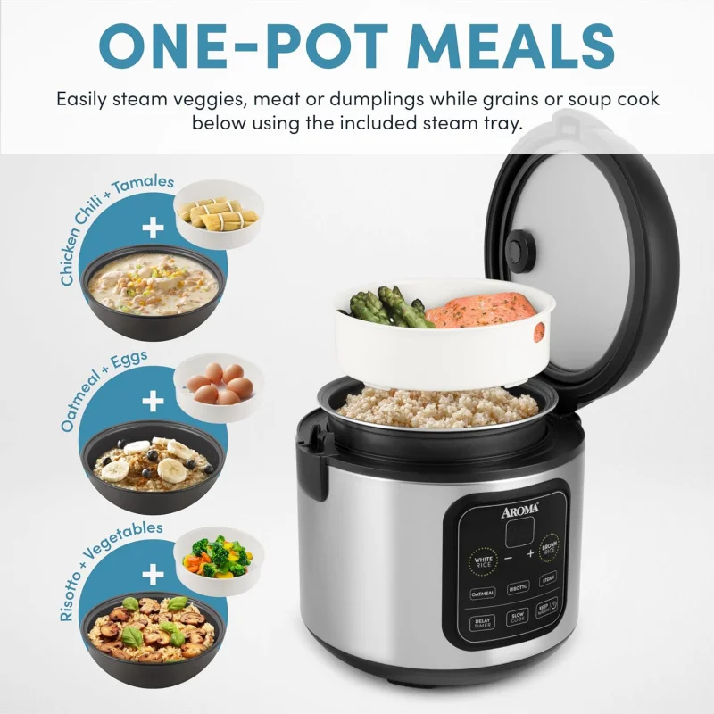 Housewares ARC-994SB Rice & Grain Cooker Slow Cook, Steam, Oatmeal, Risotto, 8-cup cooked/4-cup uncooked/2Qt, Stainless Steel