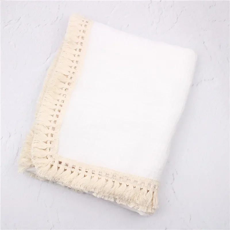 Solid Color Cotton Muslin Swaddle Blanket for Newborn Baby Tassel Receiving Blanket Infant Sleeping Quilt Bed Cover Swaddle Wrap