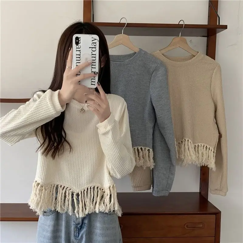 

Casual Fashion Tassel Spliced Pullovers Spring Autumn Irregular Female Clothing Round Neck All-match Solid Color Loose T-shirt