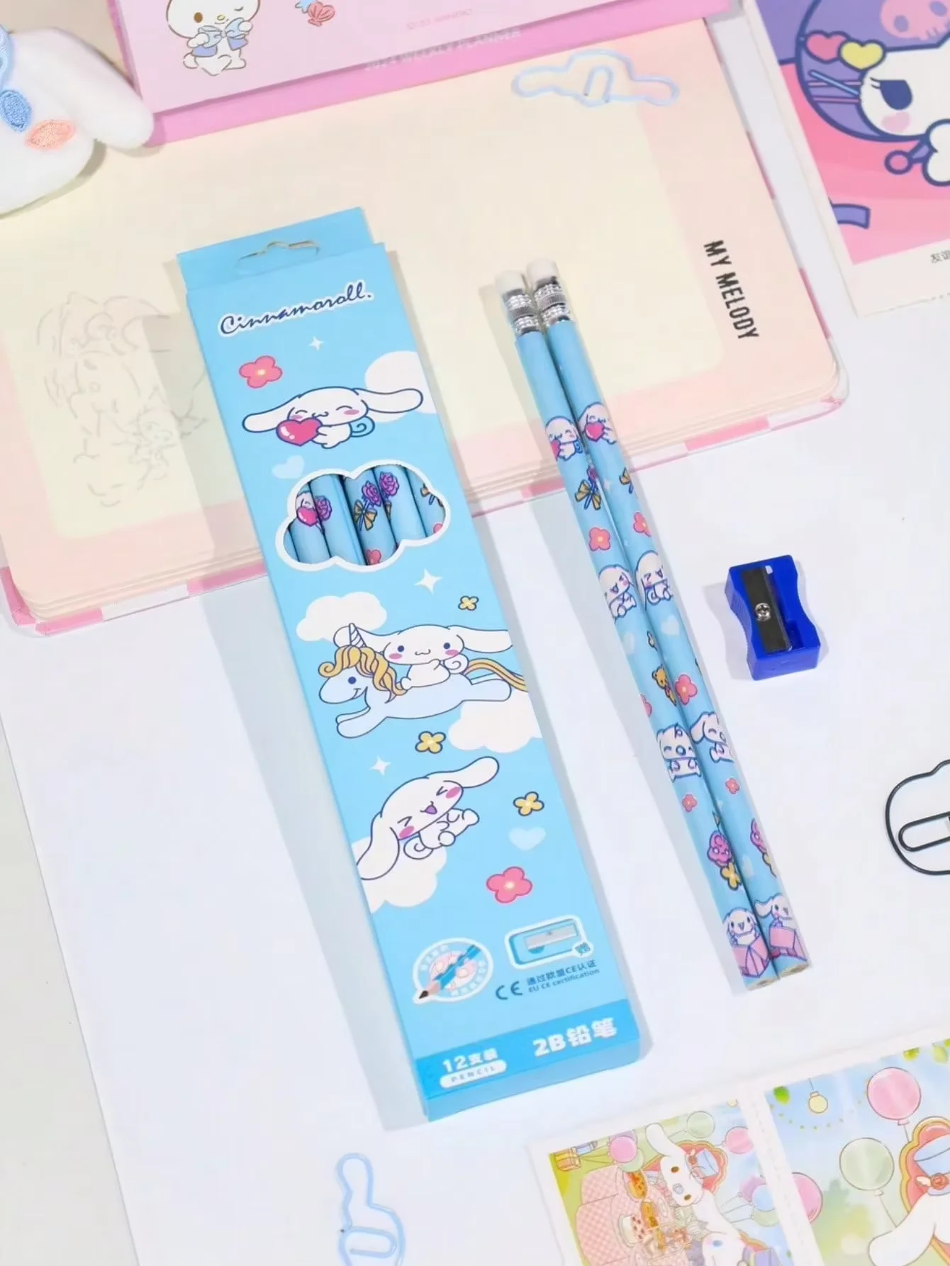 12 stuks/set Cartoon Hello Kitty Melody Kuromi Cinnamoroll HB Potlood Puntenslijpersets voor tekenen en schetsen
