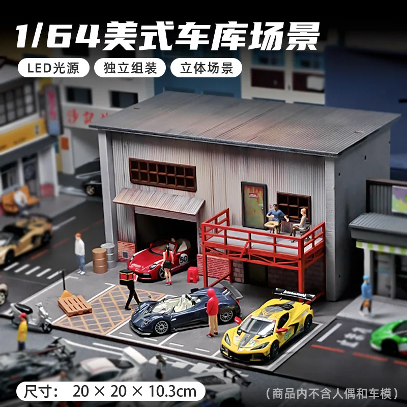 In Stock 1/64 Diorama American style Parking Garage Model Izakaya Scene Wooden Miniature Building With Lights Micro Pphotography