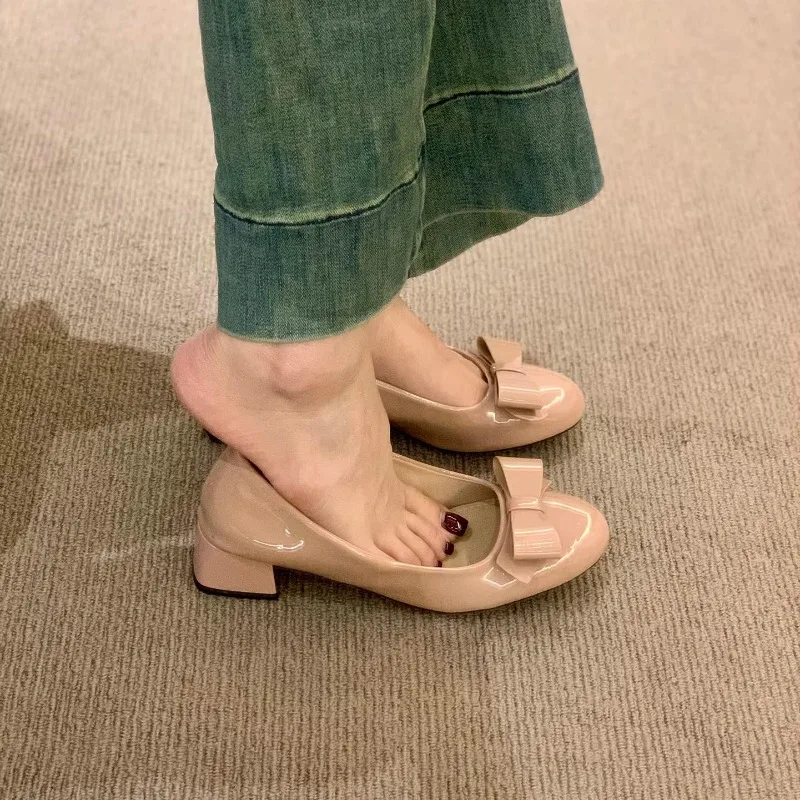 French Round Head Thick Heel Bow Single Shoes Women's 2026 Spring New Temperament Retro Fairy Style Patent Leather High Heels