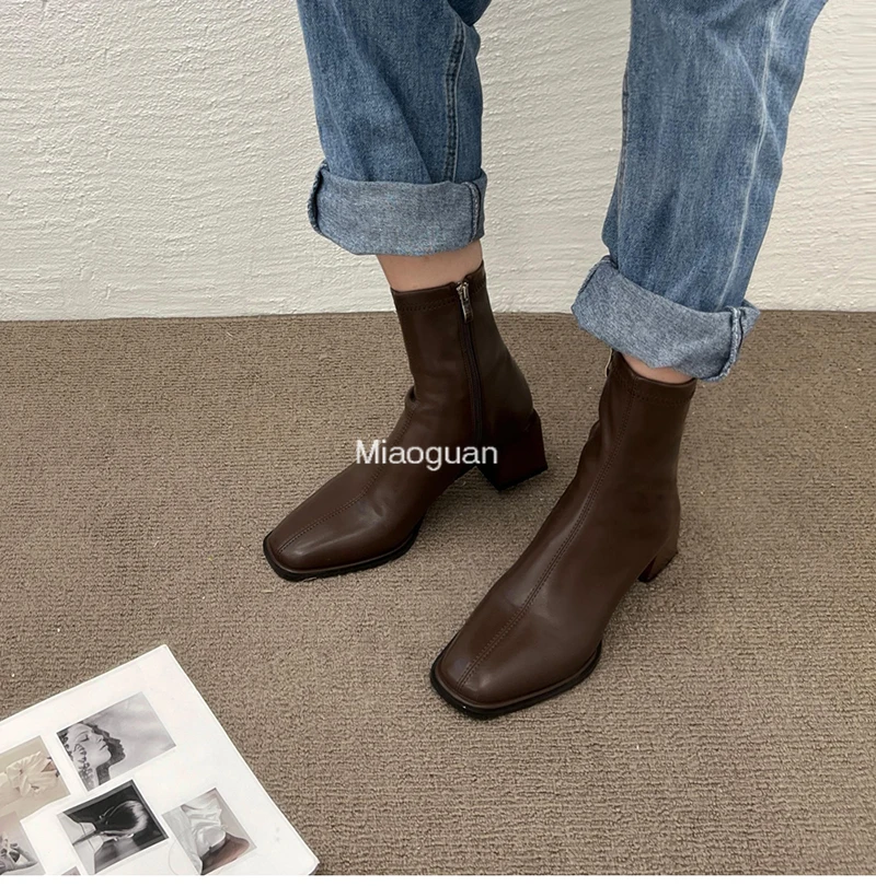 2023 New Autumn Design Heel Ankle Boot Fashion Square Toe Zipper Elegant Ladies White Casual Short Chelsea Boots Soft Leather PU