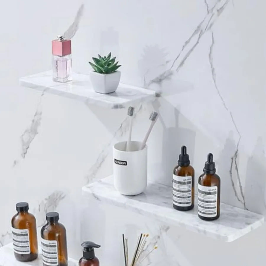 

2-Tier Marble Shower Shelf 10.4 Inch x 6.4 Inch x 0.4 Inch 100 Natural Marble Modern Floating Shelf Wall Mount for Shower Enclo