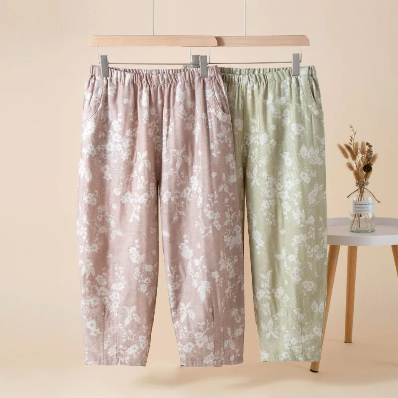 

2025 Jacquard Cotton and Linen Women's Pajama Pants Spring and Autumn Thin Loose Radish Home Pants Elastic Waist Sleep Bottoms