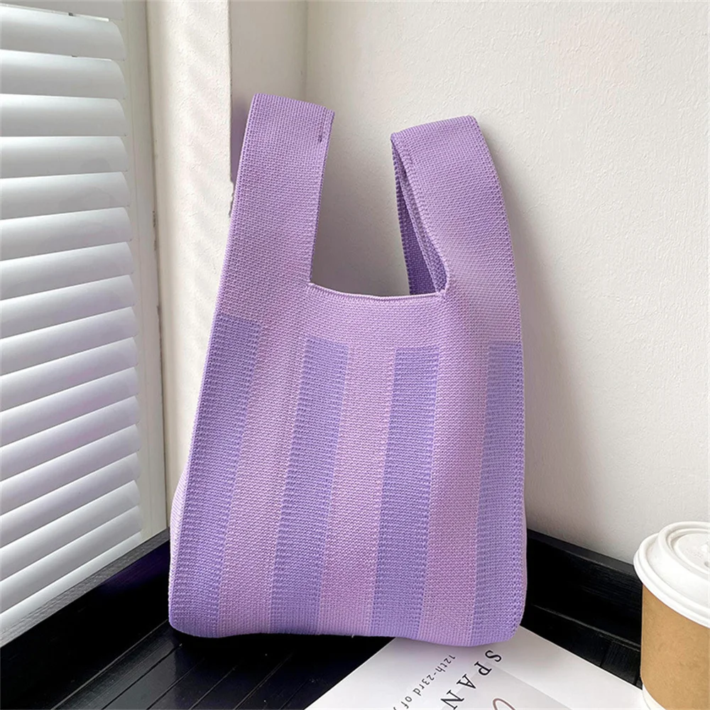 Trendy Stripes Vest Bag Minimalist Color Matching Knitting Handbag Leisure Art Walking Tote Woman Travel Cosmetic Storage Bag