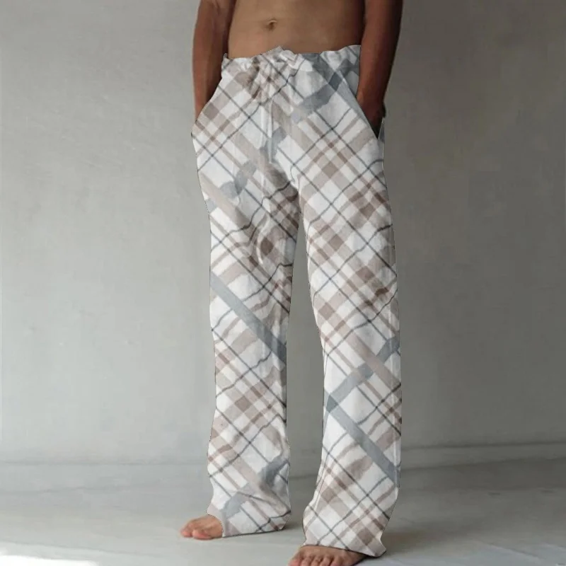 

Мужские льняные брюки в стиле бохо с этническим геометрическим узором, летние, 2026, на шнурке, широкие, повседневные, свободные, дышащие, пляжные штаны