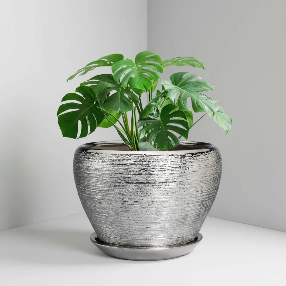 

10-дюймовый серебряный керамический горшок с дренажным отверстием и блюдцем — современный цветочный горшок в помещении и на открытом воздухе для любителей растений