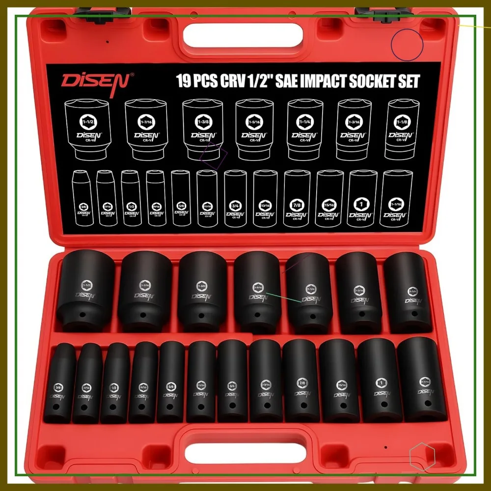 19피스 1/2인치 드라이브 딥 임팩트 소켓 세트, SAE 사이즈 3/8-1-1/2인치, 크롬-바나듐 강철, 보관 케이스 포함