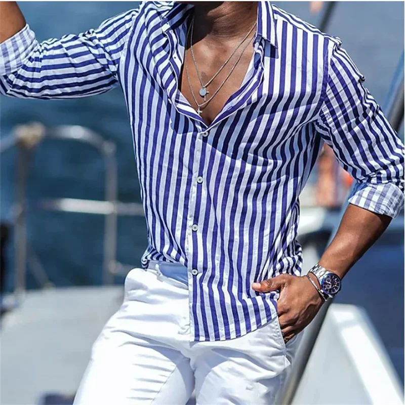

Men's Fashion Lapel Striped Plaid Blue Green Shirt Classic Simple Pattern Geometric Print Business Casual Top Men's Shirt