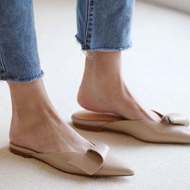 Flat Shoes Woman Slip On Cow Leather Mules Female Muller Shoes Pointed Toe Slides Korea Style Handmade Ladies Flats Size 40