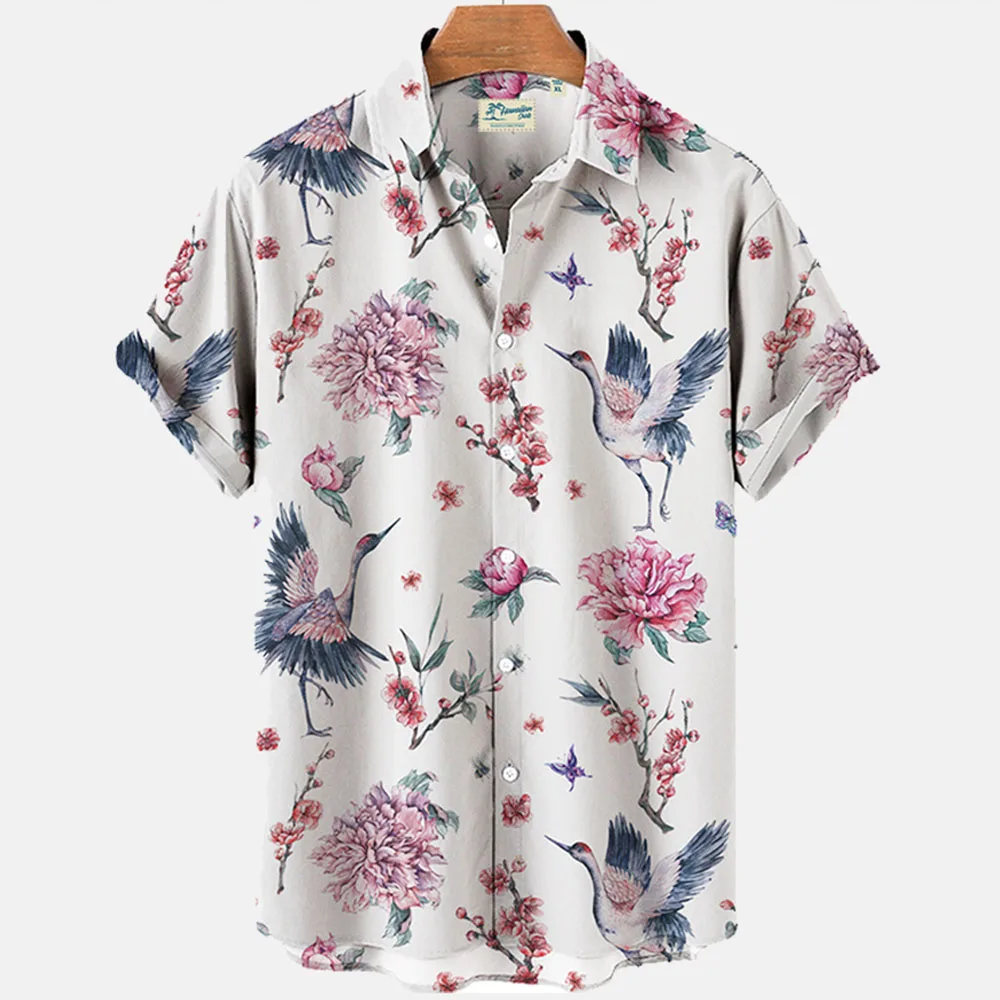 Japanese Flower Bird Print Fashion Men\'s Shirt Hawaiian Blouse Casual Loose Breathable Short Sleeve Outdoor Street Men\'s Clothes