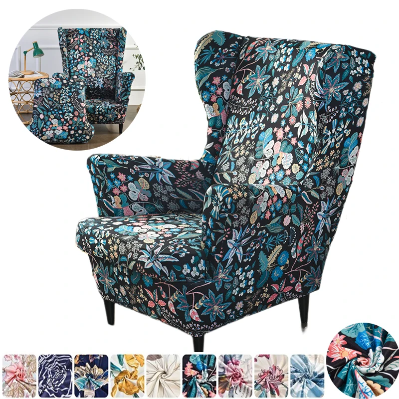 

Bohemia Floral Style Wing Chair Cover Elastic Spandex Wing Back Sofa Covers Armchair Slipcover with Cushion Case for Living Room