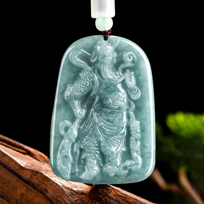 

Natural A Jade Hand-carved Blue Water Guan Gong Brand Emerald Fashion Accessories Men and Women Couples Send Certificate Gift