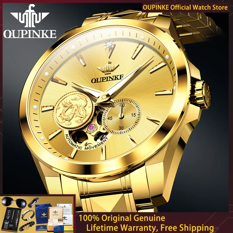 

OUPINKE Real Gold Diamond Men Watch Luxury Golden Dragon Pattern Men Automatic Mechanical Watch Classic Business Watch Gift 3260