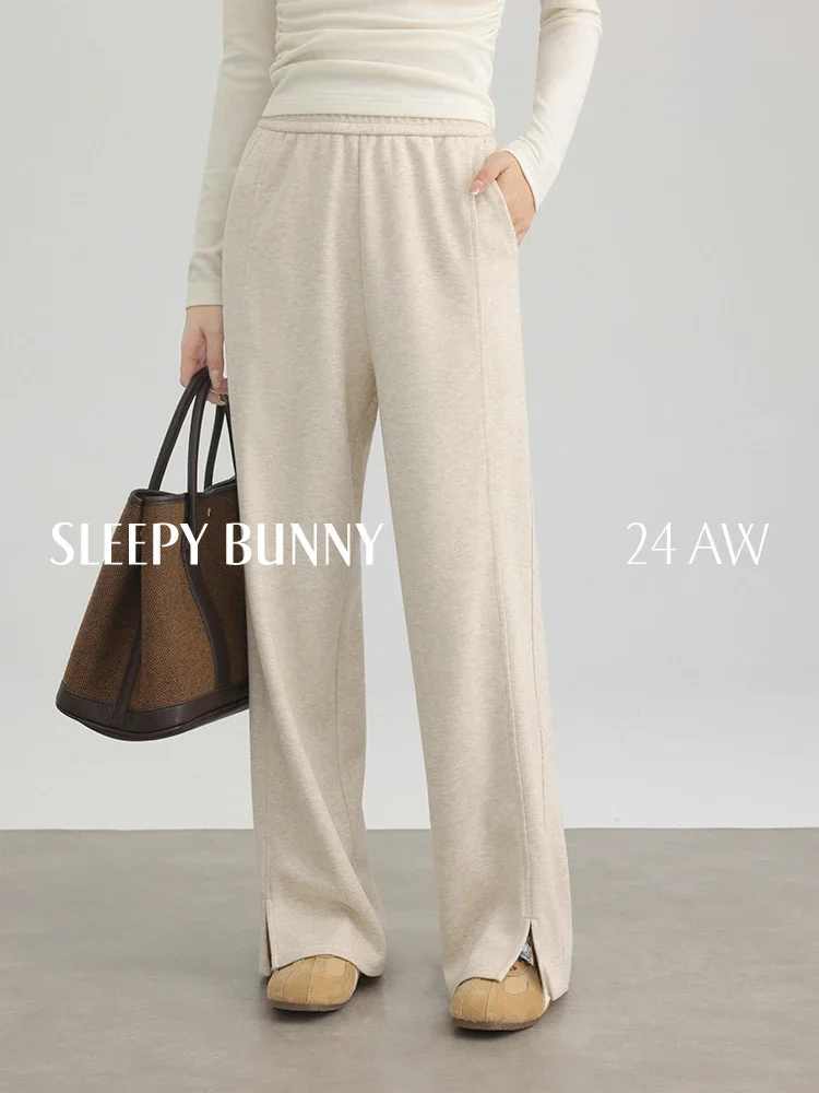 Winter High Waist Fleece Lined Knit Wide Leg Pants Women Casual Relaxed Fit Soft Draped Fabric Petite Friendly Lounge Trousers