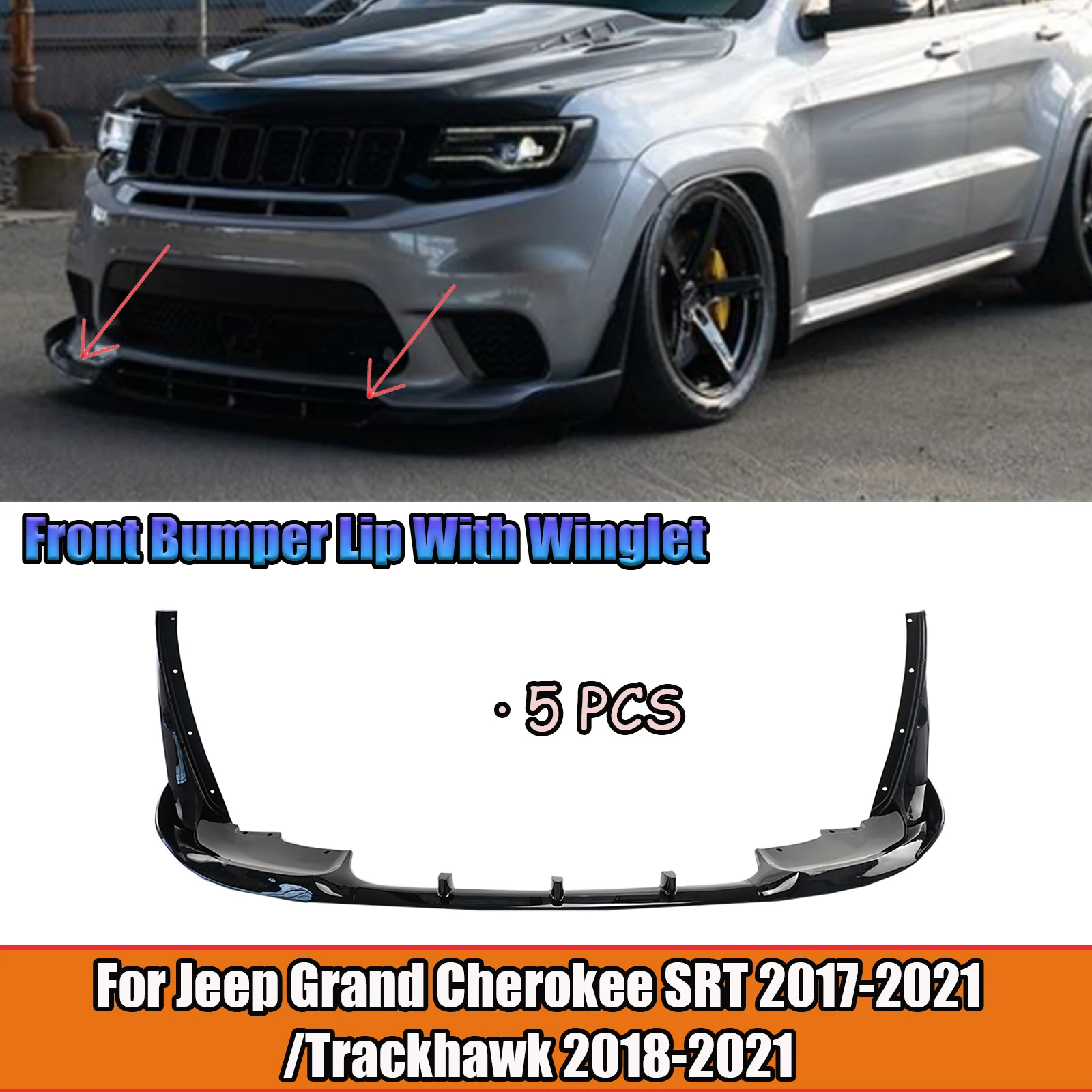 Front Bumper Lip With Winglet For Jeep Grand Cherokee SRT 2017-2021/Trackhawk 2018-2021 Glossy Black Carbon Fiber Style Body Kit