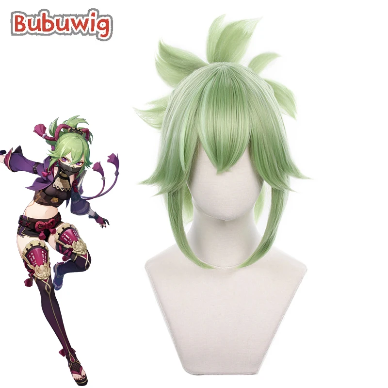 Bubuwig Capelli Sintetici Genshin Impact Kuki Shinobu Parrucca Cosplay Delle Donne Del Partito 40 centimetri Lungo Verde Treccia Coda di Cavallo