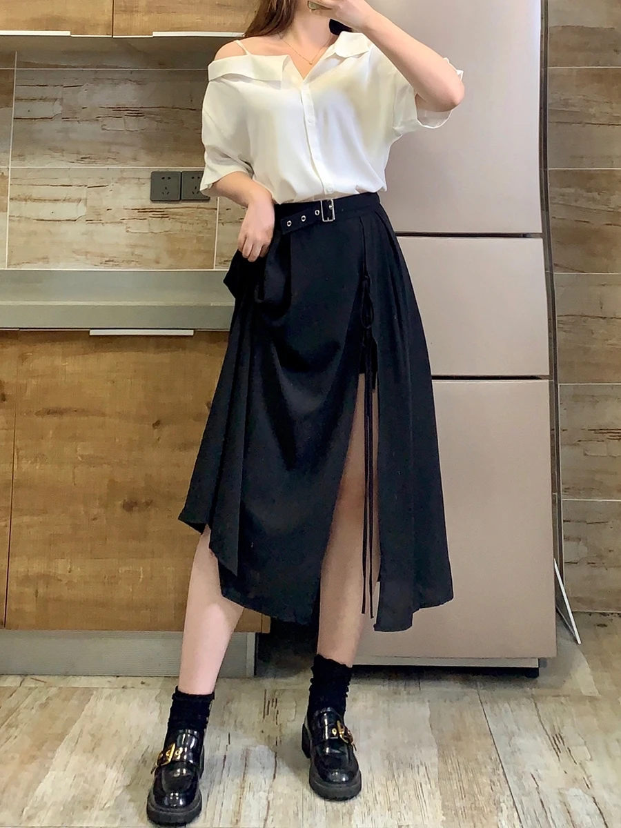 Cross Bandage Black Sexy Women Streetwear Casual Split Hem Asymmetric Long Skirts High Waist Ladies 2024 New Vestido Fashion