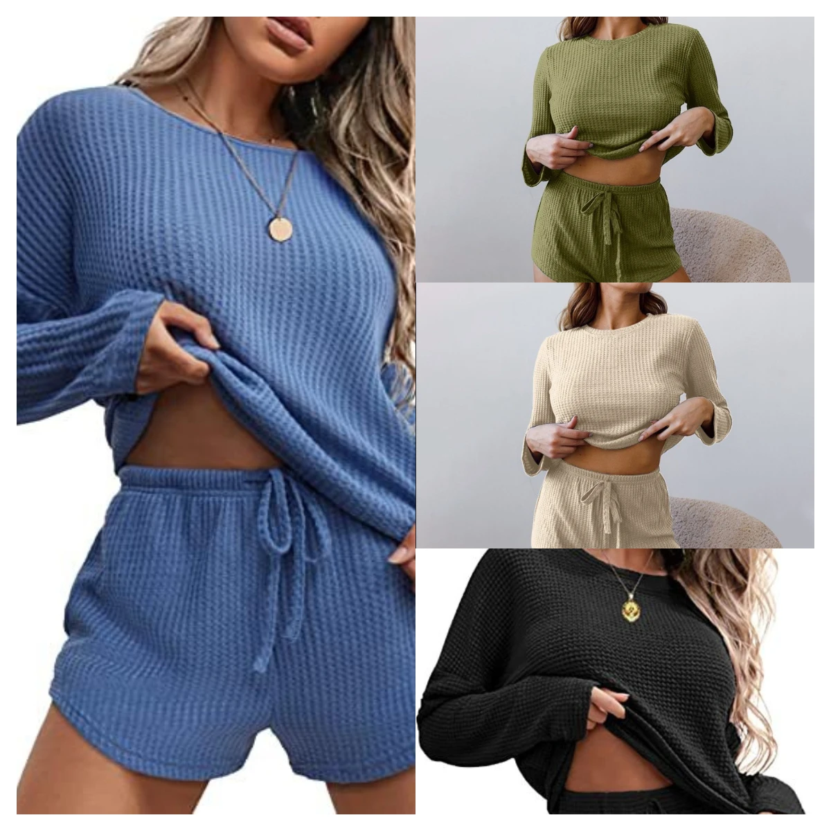 Women\'s Two-Piece Fall And Winter Pajamas Casual Round Neck Long-Sleeved Wide-Legged Shorts Waffle Comfortable Homewear Suit