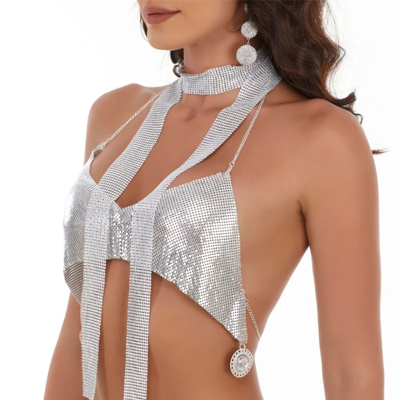 Women Sequins Top Deep V Neck Backless Halter Crop Top