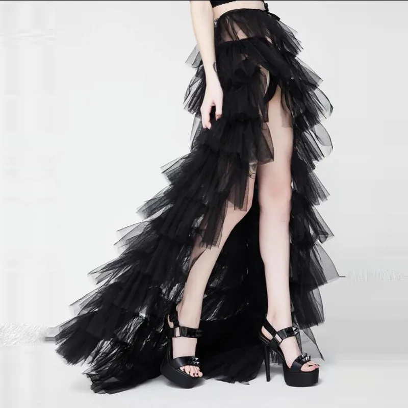 Black Evening Dress Detachable Skirt Front Slit Layered Tulle Skirts Removable Train Bridal Evening Overskirt