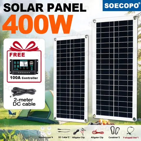 SOECOPO 400W con un kit de panel solar controlador 100A gratis - DC 18V 2 * paneles solares que acampan viene el puerto USB de 5V para cargar el hogar