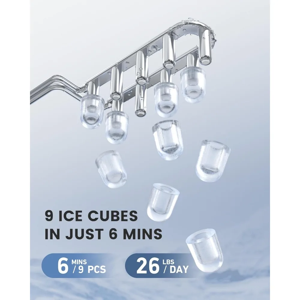 Máquina de hielo portátil con Autolimpieza, 9 cubos en 6 minutos, 26 libras/24 horas, cesta y cuchara, 2 tamaños de Bullet Ices