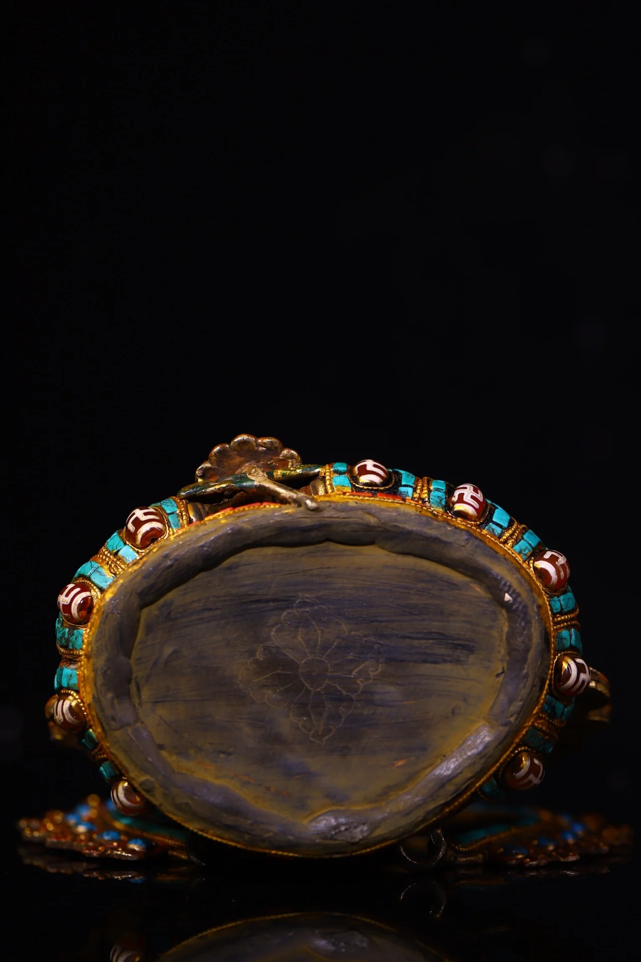 7”Nepalese folk Old lapis lazuli Mosaic Gem Turquoise Yellow Jambhala Sitting Buddha Backlight Worship Hall