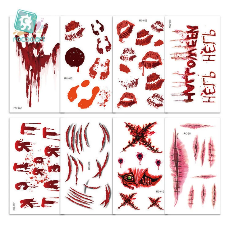 8 sheets Halloween stickers October Festival Beer Festival red scar simulation bite marks suture blood handprints realistic