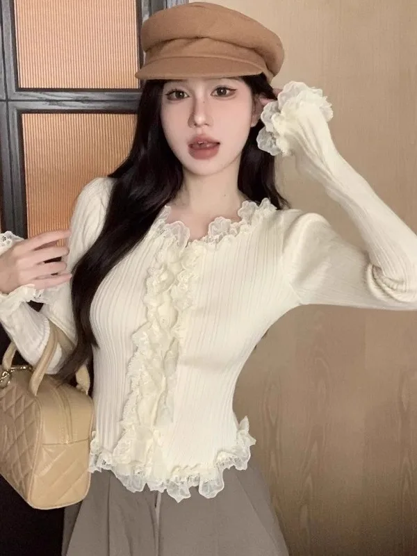 

Sweet And Spicy Long Sve вязаный топ женский весенне-осенний новый Sle красивый топ с кружевной отделкой Faionable Small irt