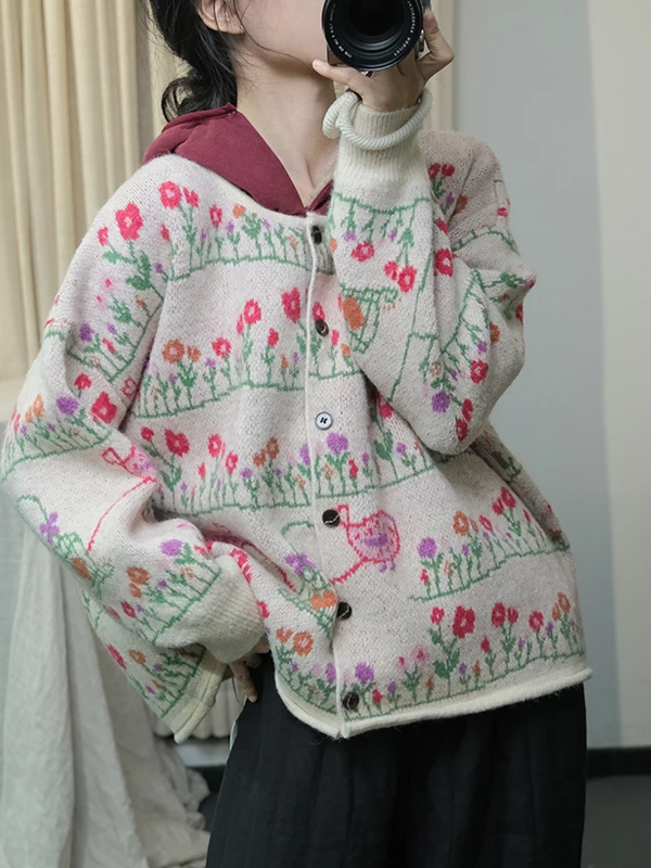 Winter 2026 New Style Chinese Ethnic Print Single Button round Neck Knitted Open Cardigan Commute Shoulder Drop Sweater Jacket