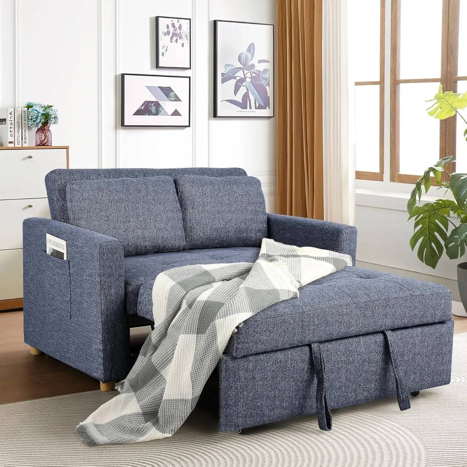 

Convertible Sofa Bed, 3-in-1 Sleeper Sofa Pull Out Couch Bed, 2-Seater Linen Fabric Loveseat Futon Sofa with Spring Support