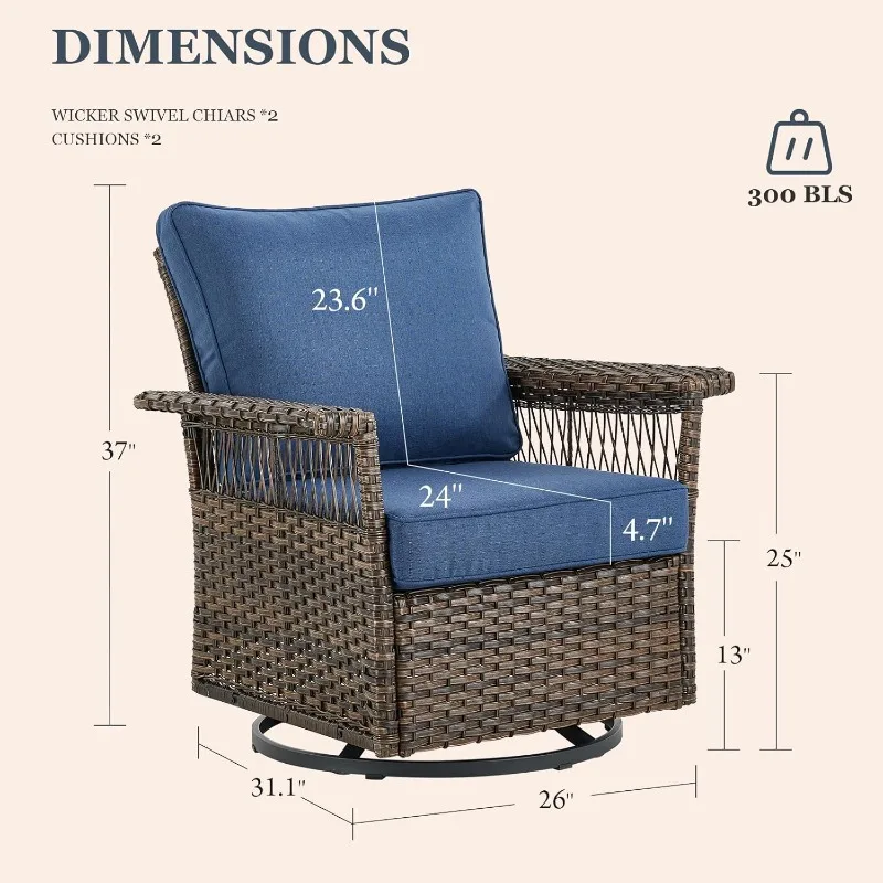 Wicker Swivel Slide Chair 2 PE Rattan Footstool with Patio Wicker Side Table Brown Wicker Blue Cushions